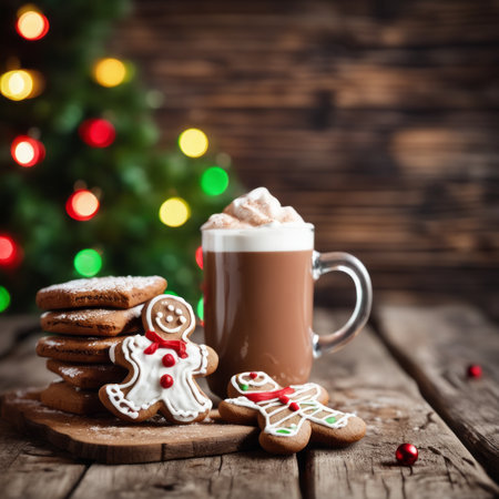 Gingerbread cookies and hot chocolate on a rustic wooden table against Christmas backgroundの素材