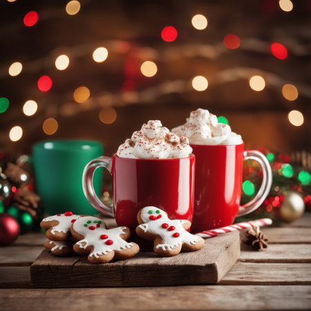 Gingerbread cookies and hot chocolate on a rustic wooden table against Christmas backgroundの素材