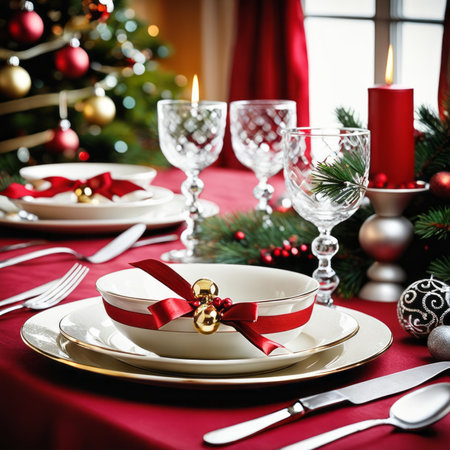The dining table is decorated for dinner on Christmas Dayの素材