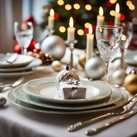 The dining table is decorated for dinner on Christmas Dayの素材