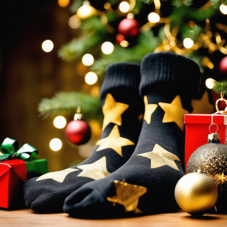Santa Claus socks gold stars gift boxes and Christmas ornaments with a Christmas backgroundの素材