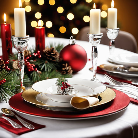 The dining table is decorated for dinner on Christmas Dayの素材