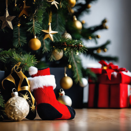 Santa Claus socks gold stars gift boxes and Christmas ornaments with a Christmas backgroundの素材