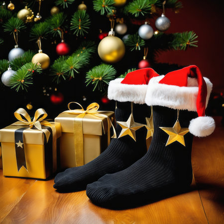 Santa Claus socks gold stars gift boxes and Christmas ornaments with a Christmas backgroundの素材