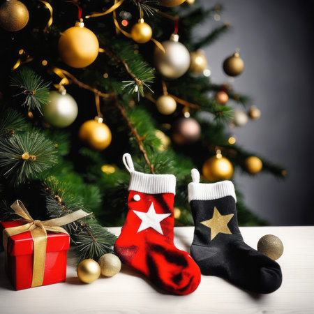 Santa Claus socks gold stars gift boxes and Christmas ornaments with a Christmas backgroundの素材