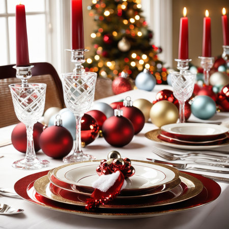 The dining table is decorated for dinner on Christmas Dayの素材