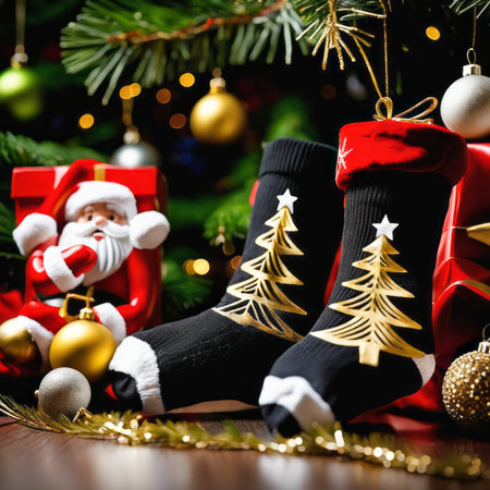 Santa Claus socks gold stars gift boxes and Christmas ornaments with a Christmas backgroundの素材