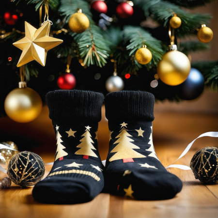 Santa Claus socks gold stars gift boxes and Christmas ornaments with a Christmas backgroundの素材