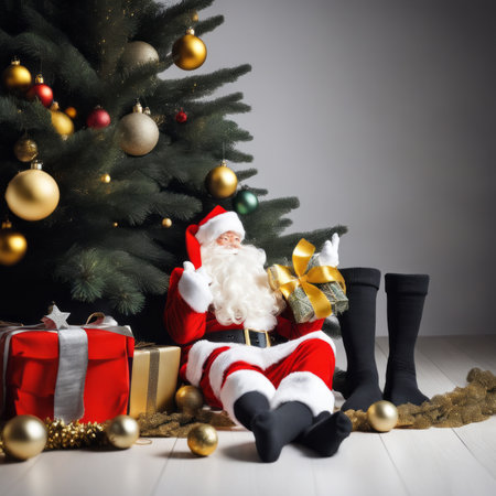 Santa Claus socks gold stars gift boxes and Christmas ornaments with a Christmas backgroundの素材