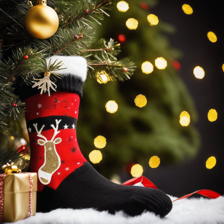 Santa Claus socks gold stars gift boxes and Christmas ornaments with a Christmas backgroundの素材
