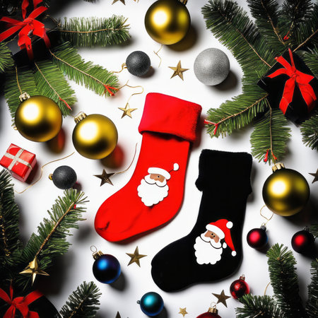 Santa Claus socks gold stars gift boxes and Christmas ornaments with a Christmas backgroundの素材