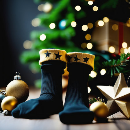 Santa Claus socks gold stars gift boxes and Christmas ornaments with a Christmas backgroundの素材