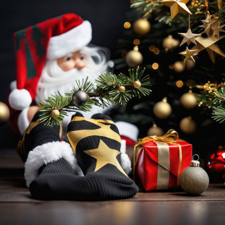 Santa Claus socks gold stars gift boxes and Christmas ornaments with a Christmas backgroundの素材