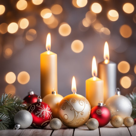 Christmas ornaments with candles on the bokeh backgroundの素材