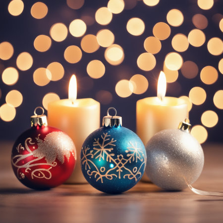 Christmas ornaments with candles on the bokeh backgroundの素材