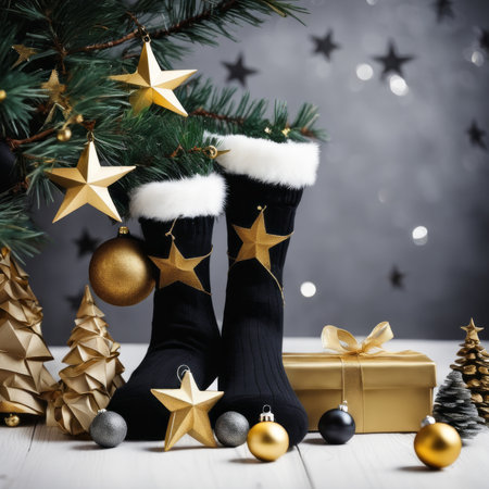Santa Claus socks gold stars gift boxes and Christmas ornaments with a Christmas backgroundの素材