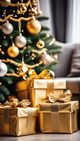 Close-UP of Christmas Tree, Gold Ornaments against a Defocused Lights Backgroundの素材