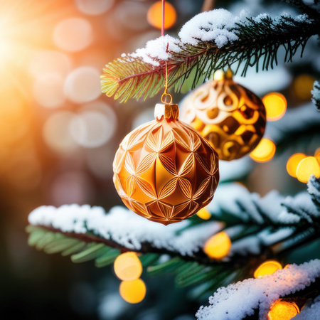 Close-UP of Christmas Tree, Gold Ornaments against a Defocused Lights Backgroundの素材