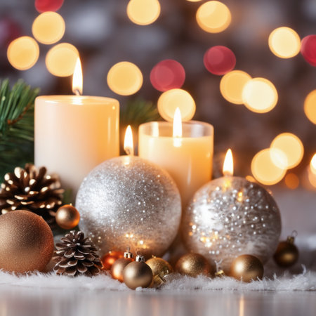 Christmas ornaments with candles on the bokeh backgroundの素材