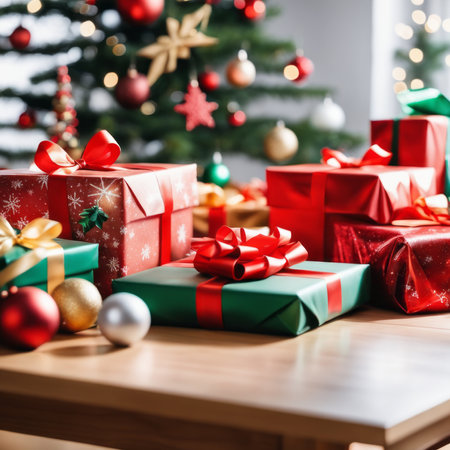 The living room is decorated with a Christmas tree and many different ornaments and gift boxesの素材