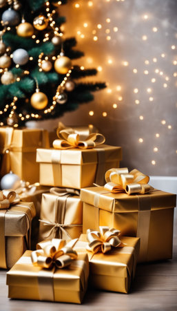 Close-UP of Christmas Tree, Gold Ornaments against a Defocused Lights Backgroundの素材