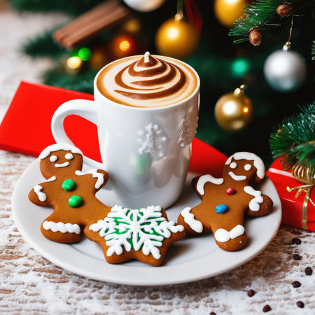 Christmas Candy and cappuccino and gingerbread cookies infront Christmas tree. Used gingerbread cookies home-handedly made it from me. They are unique pieces and can not be found anywhere.の素材