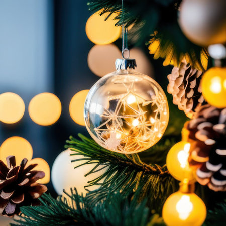 Close-UP of Christmas Tree, Gold Ornaments against a Defocused Lights Backgroundの素材