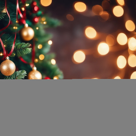 A blurry Christmas background shows a glowing Christmas tree with garlands of lights.の素材