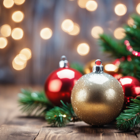 Close-UP of Christmas Tree multicolor Ornaments against a Defocused Lights Backgroundの素材