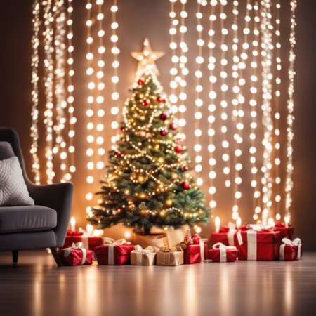 A blurry Christmas background shows a glowing Christmas tree with garlands of lights.の素材