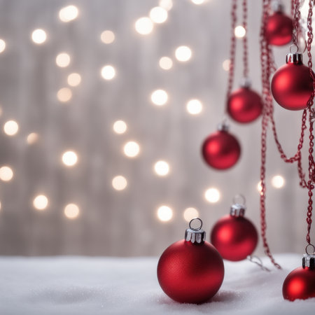 Close-UP of Christmas Tree multicolor Ornaments against a Defocused Lights Backgroundの素材