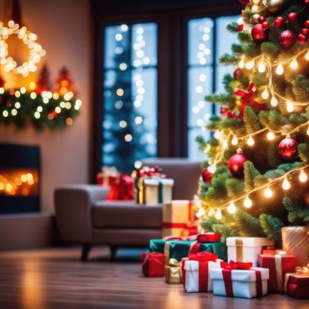 A blurry Christmas background shows a glowing Christmas tree with garlands of lights.の素材