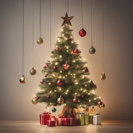 A blurry Christmas background shows a glowing Christmas tree with garlands of lights.の素材