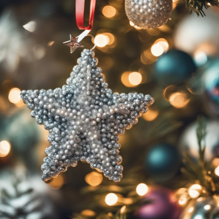 Close-UP of Christmas Tree multicolor Ornaments against a Defocused Lights Backgroundの素材