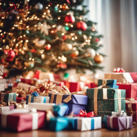 Close-UP of Christmas Tree multicolor Ornaments against a Defocused Lights Backgroundの素材