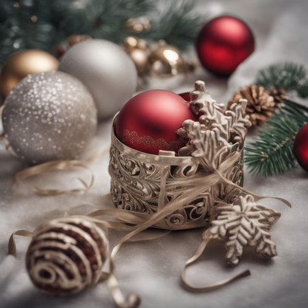 Close-UP of Christmas Tree multicolor Ornaments against a Defocused Lights Backgroundの素材