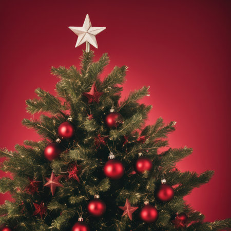 A blurry Christmas background shows a glowing Christmas tree with garlands of lights.の素材