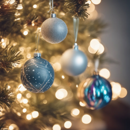 Close-UP of Christmas Tree multicolor Ornaments against a Defocused Lights Backgroundの素材