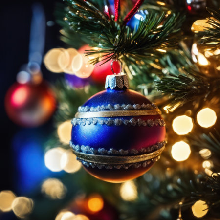 Close-UP of Christmas Tree multicolor Ornaments against a Defocused Lights Backgroundの素材