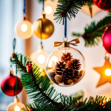 Close-UP of Christmas Tree multicolor Ornaments against a Defocused Lights Backgroundの素材