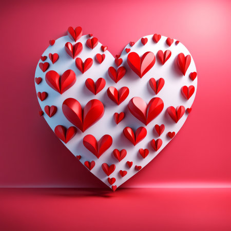 Red glossy shiny heart shape isolated on color background with reflection effectの素材