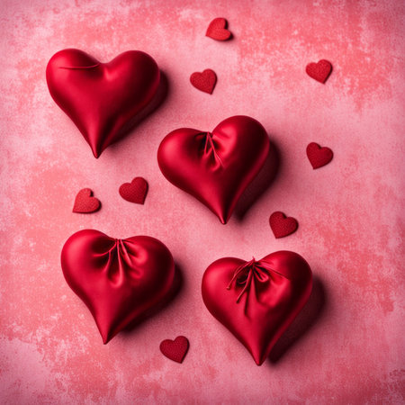 Red silk hearts on a pink concrete backgroundの素材