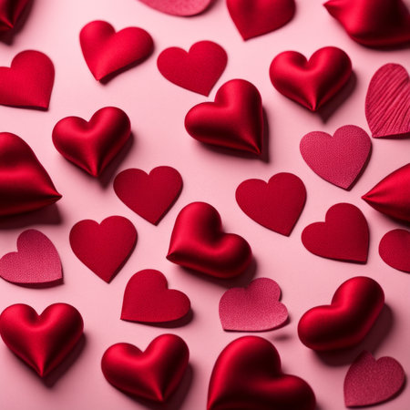 Red silk hearts on a pink concrete backgroundの素材