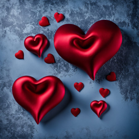 Blue and Red silk hearts on a Blue color backgroundの素材