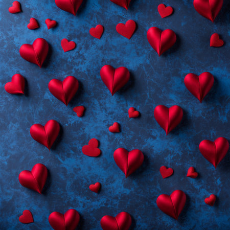 Red silk hearts on a Blue color backgroundの素材