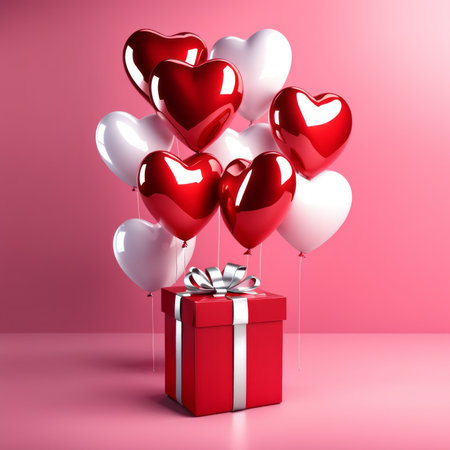 Happy valentines day decoration with Red and white color Heart shaped balloons and gift boxes on pink backgroundの素材