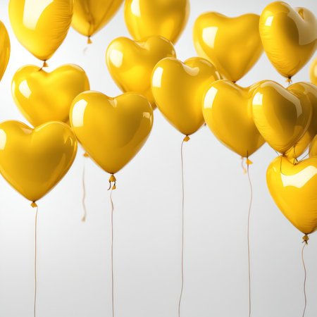 Yellow color Heart shaped balloons isolated on white backgroundの素材