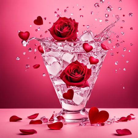 The falling ice cubes are surrounded by red rose petals and hearts on a light pink backgroundの素材