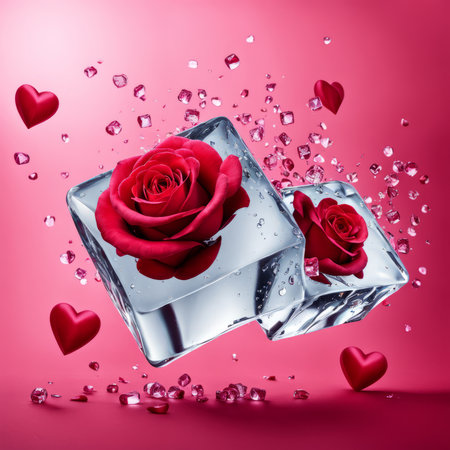 The falling ice cubes are surrounded by red rose petals and hearts on a light pink backgroundの素材