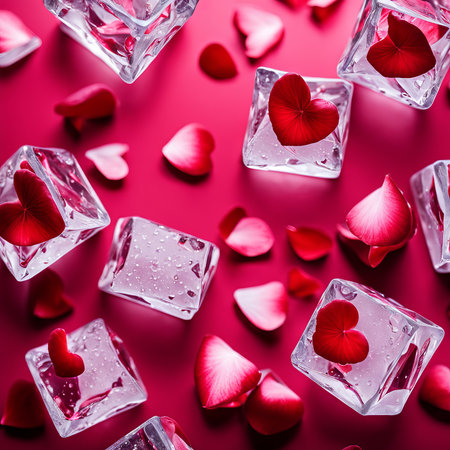 The falling ice cubes are surrounded by red rose petals and hearts on a light pink backgroundの素材